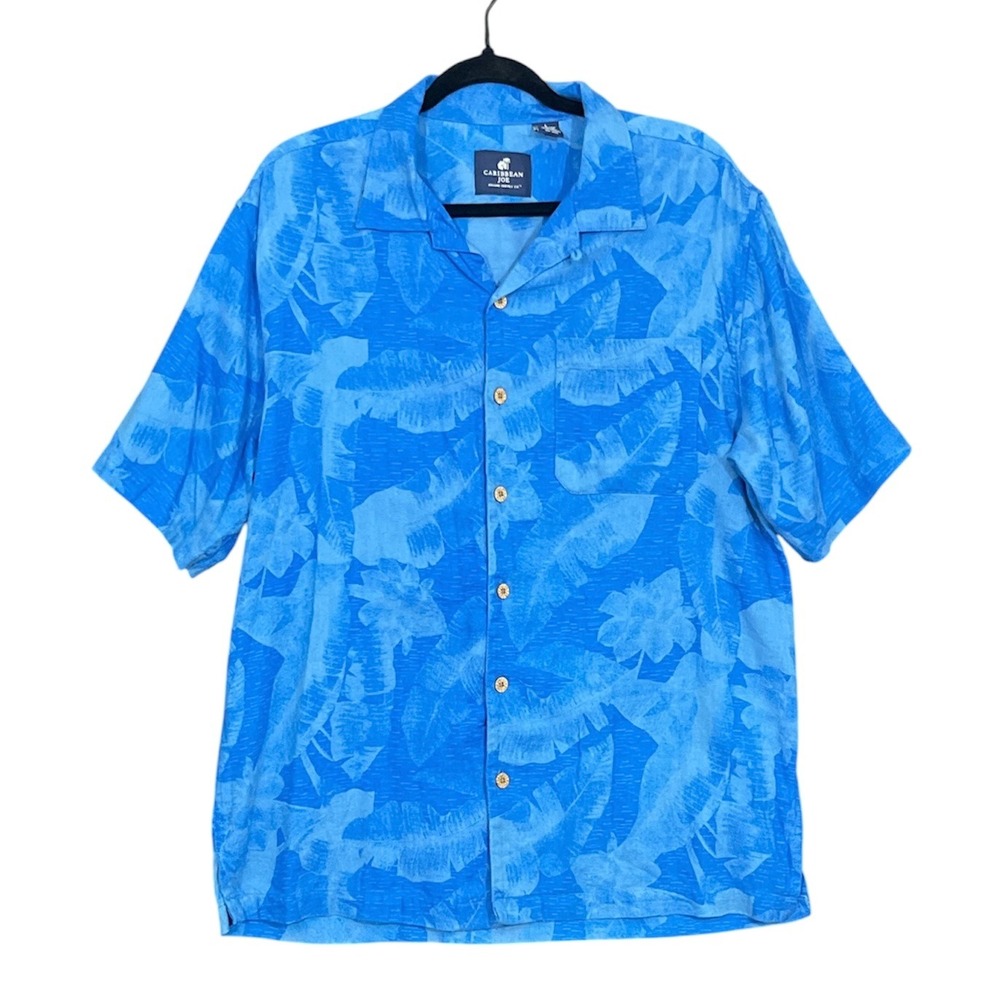 Caribbean Joe Button Down Shirt Mens Large Blue Island Tropical Leaf Print Vaca